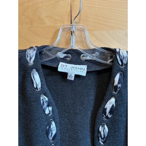 LIKE NEW St. John Collection Silk Ribbon Trimmed Charcoal Knit Jacket, Size: 4 - Picture 2 of 5